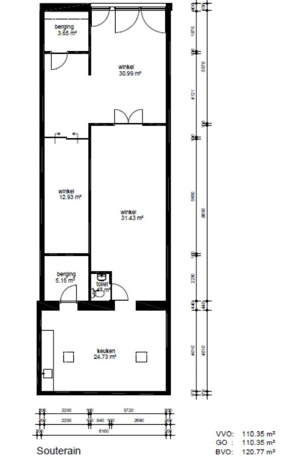 Floor plan of a commercial property on Van Ostadestraat with multiple shop areas, storage rooms, a kitchen, and a toilet.